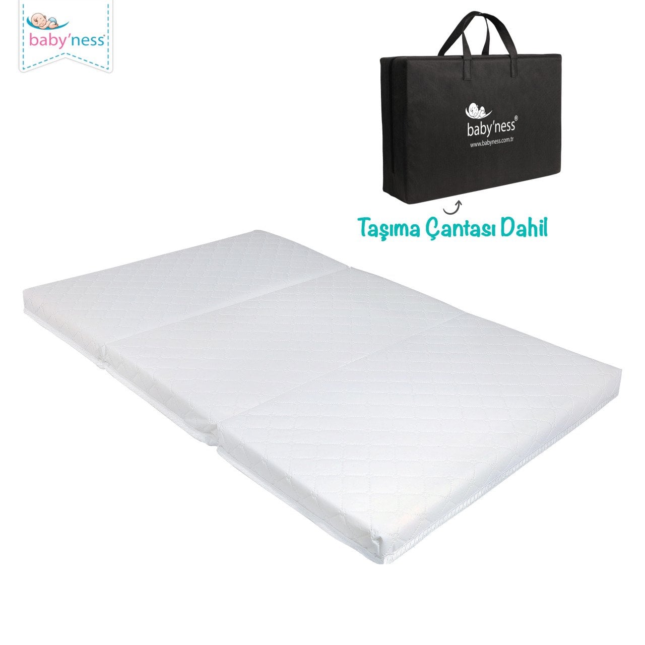 baby'ness folding baby mattress — white, carry bag included