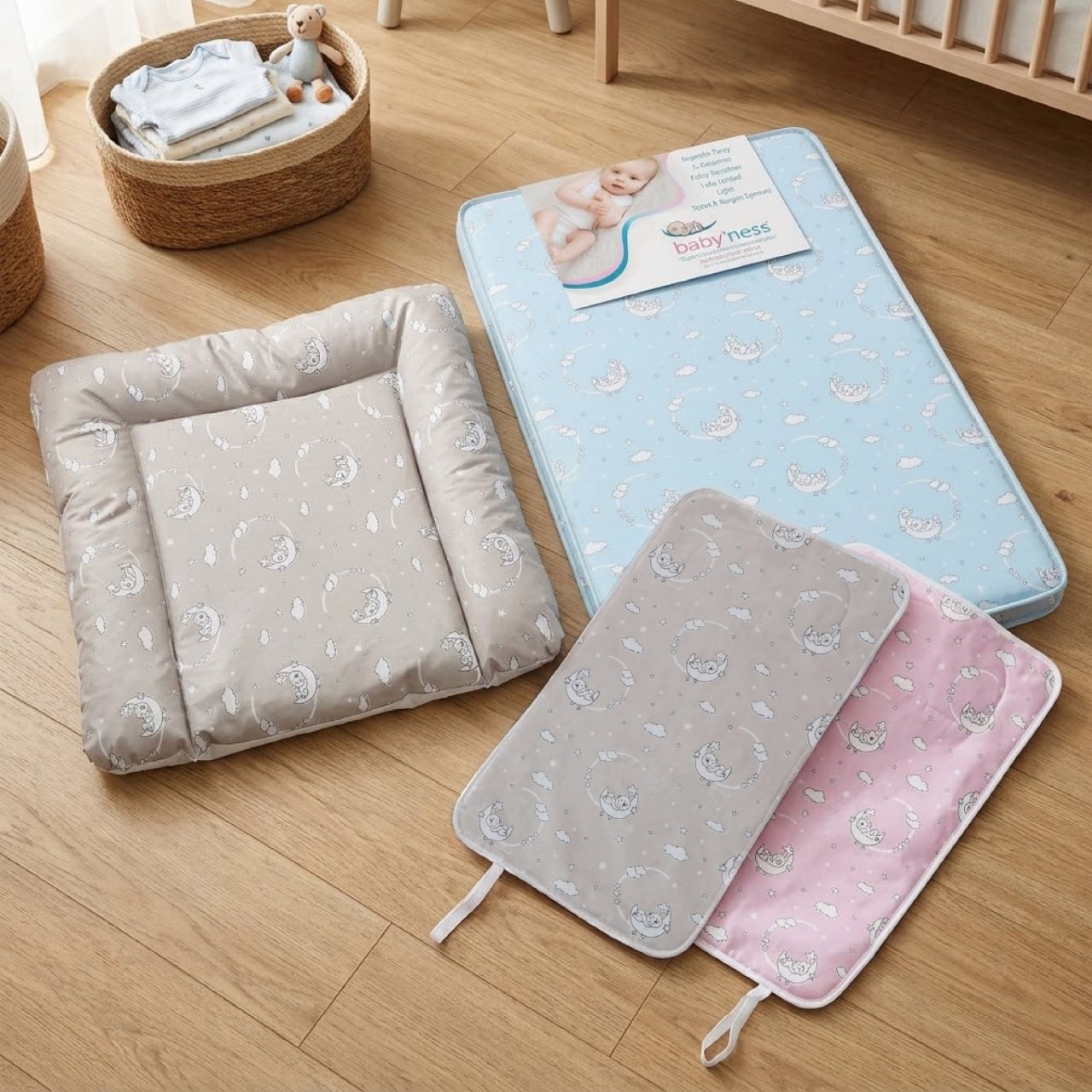 baby'ness Aydede collection — changing mat, playpen mattress and travel-size changing pads together